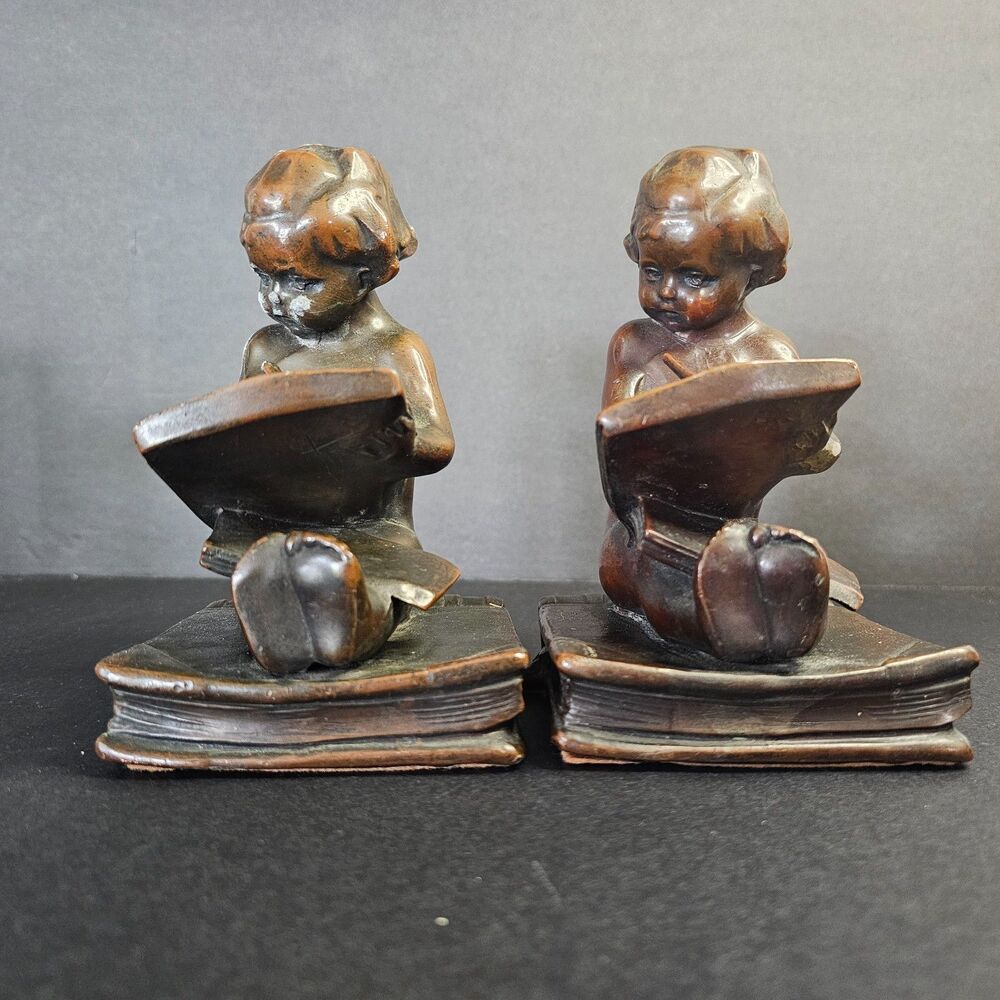 Children Reading Pair Metal Bookends c. 1915 Vintage Library Statue Figurines
